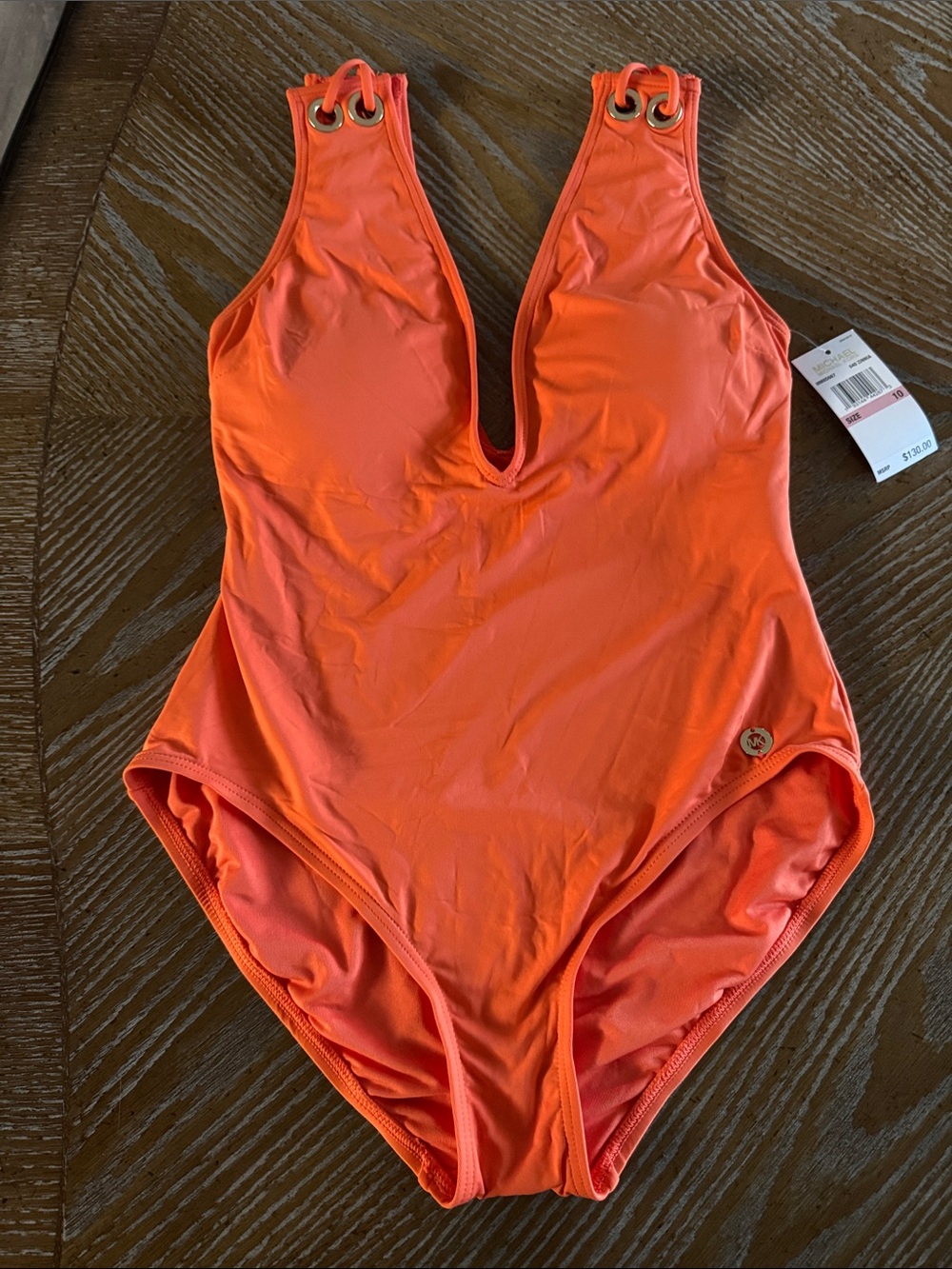 Michael Kors Women's Orange One-Piece Swimsuit with Deep V Neck